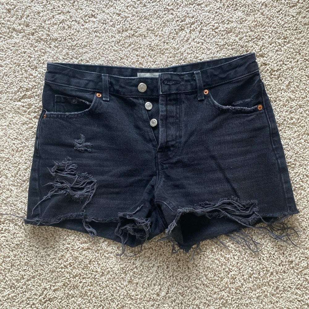 Topshop Washed black rubbed jean shorts